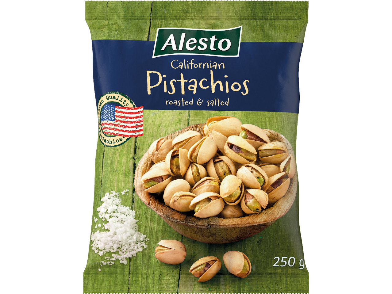 Alesto Californian Pistachios, rostade och saltade, 250g förpackning.
