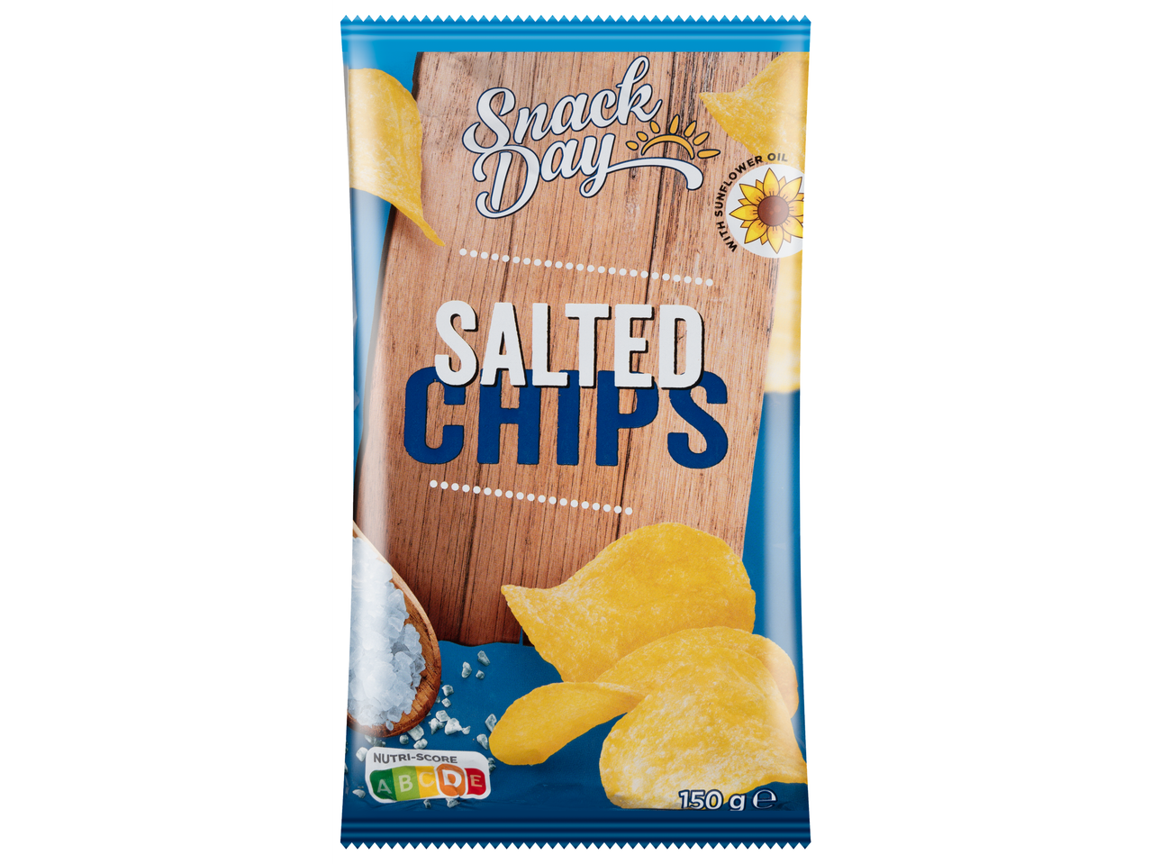 Snack Day Sós Chipsek, 150g-os tasak, napraforgóolajjal készül.