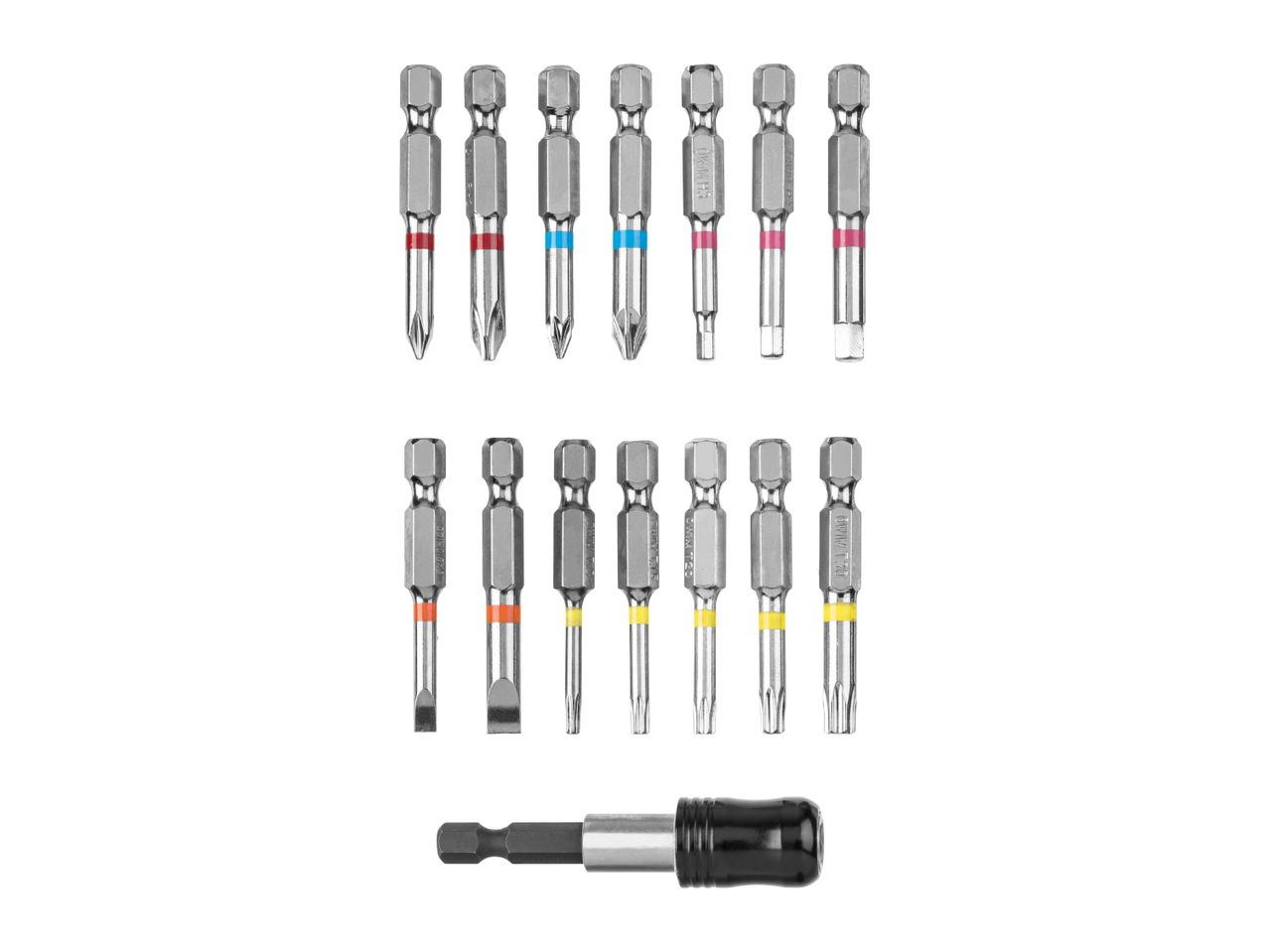 A set of various screwdriver bits with colored bands and a magnetic bit holder.
