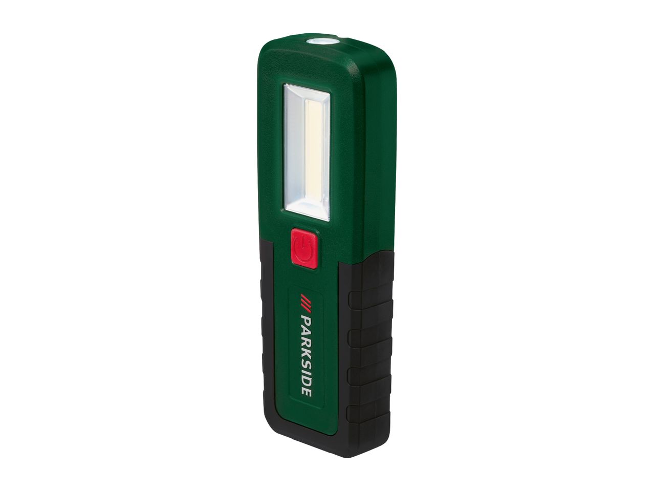 A green and black Parkside LED work light with a red power button.