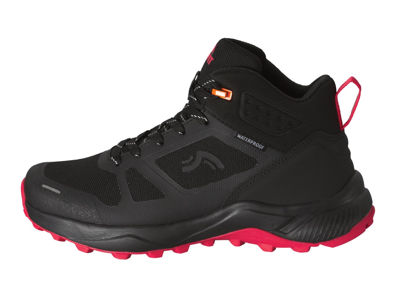 A black Salomon X Ultra 4 GTX waterproof hiking boot with pink accents is shown.