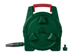 Green garden hose reel with a red handle, hose nozzle, and connector.
