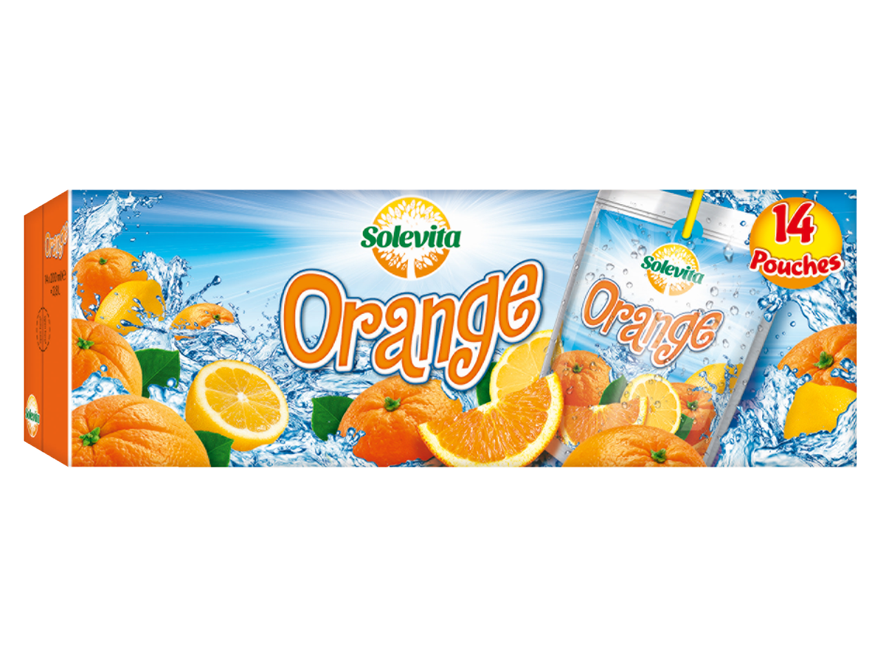14 pakjes Solevita sinaasappelsap.