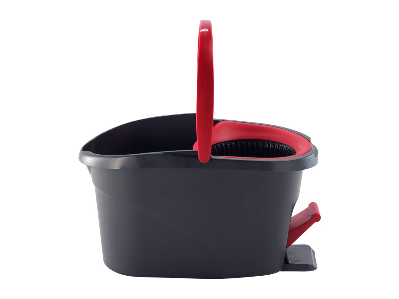 Black mop bucket with red handle and wringer