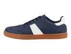 A navy blue sneaker with a white stripe and a brown sole.
