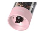 Pink electric pepper grinder with mixed peppercorns, featuring a light at the bottom.