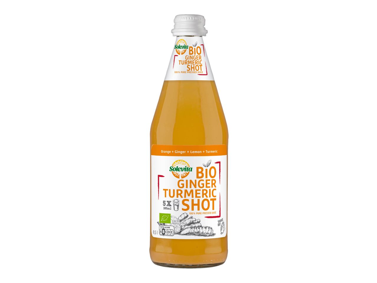 Bouteille de jus SoleVita Bio Gingembre Curcuma Shot.