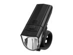 A black bicycle headlight with a clear lens and a power button is shown.