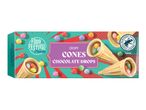 Crispy cones with chocolate drops in a colorful box, featuring a Rainforest Alliance logo.