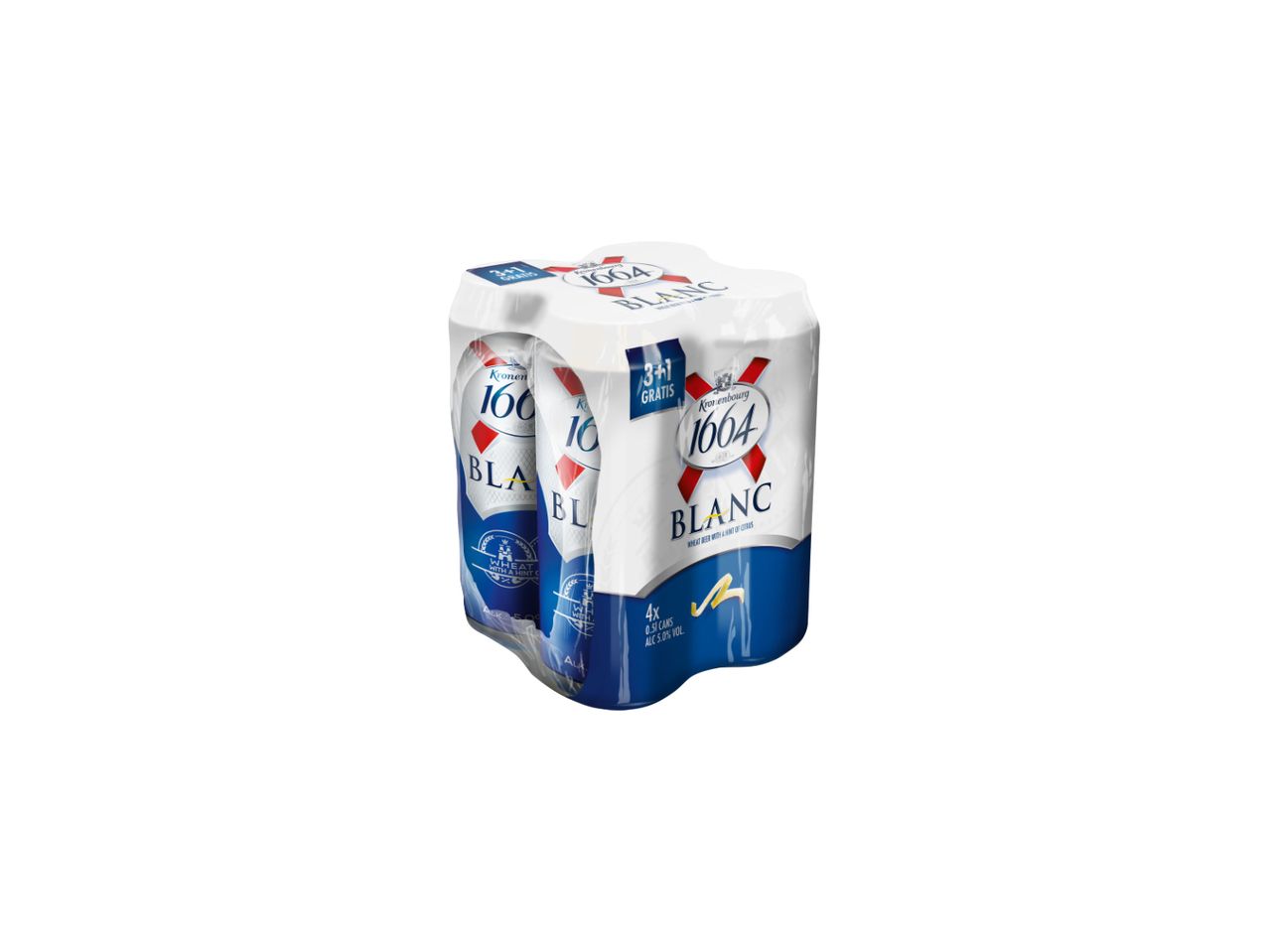Četiri limenke Kronenbourg 1664 Blanc piva u pakovanju.