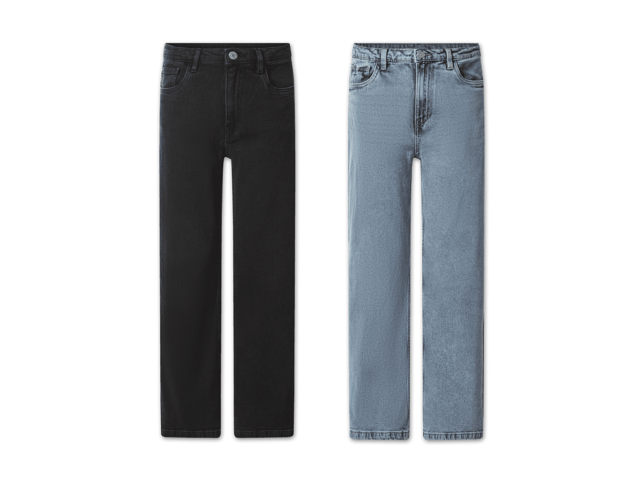Zwei gerade geschnittene Jeanshosen für Damen in Schwarz und Hellblau.