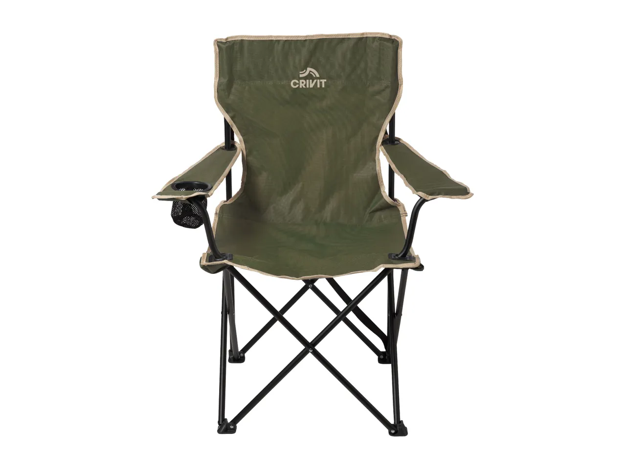Green folding camping chair with armrests and a cup holder.