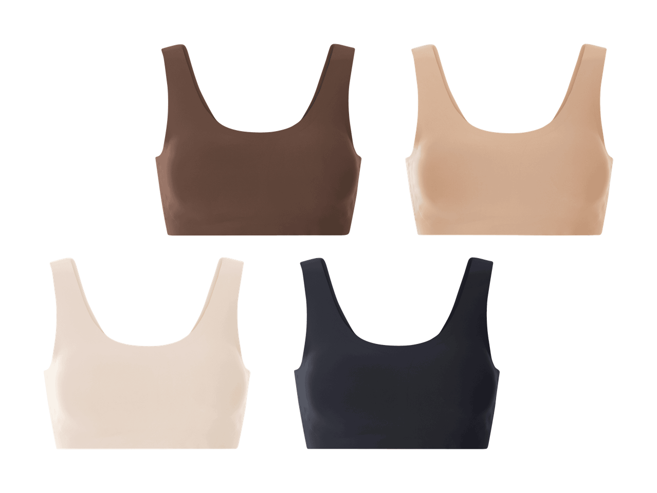 Vier Sport-BHs in verschiedenen Farben: Braun, Hellbeige, Dunkelbeige und Schwarz.