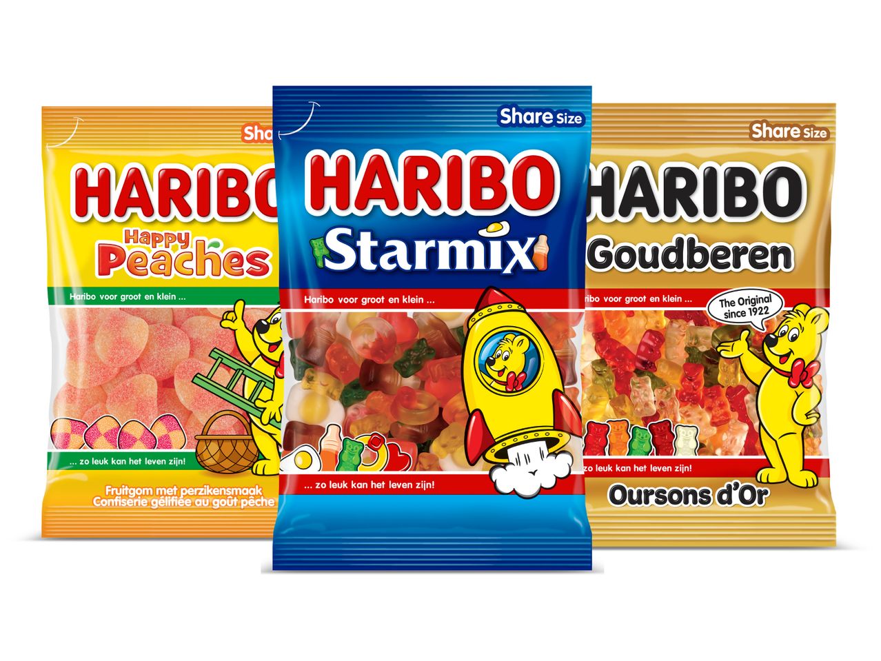 Drie Haribo snoepzakken: Happy Peaches, Starmix en Goudberen.