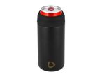 Black insulated can cooler with a red beverage can inside, isolated on white.