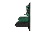 Wall-mounted storage system with green and black bins, side view.