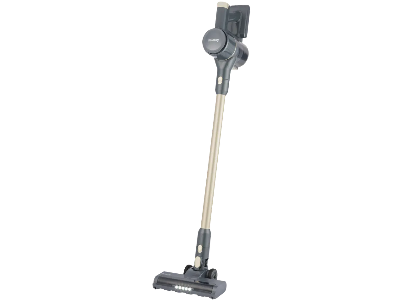 Cordless stick vacuum cleaner with a gold-colored shaft and illuminated brush head.
