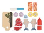 Wooden toy food set with cutting board, knife, fish, steak, salmon, onions, lemons, and a bottle.