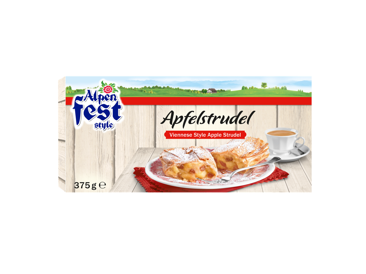 Apple strudel with powdered sugar on a plate with a cup of coffee, set against a rustic wooden background.