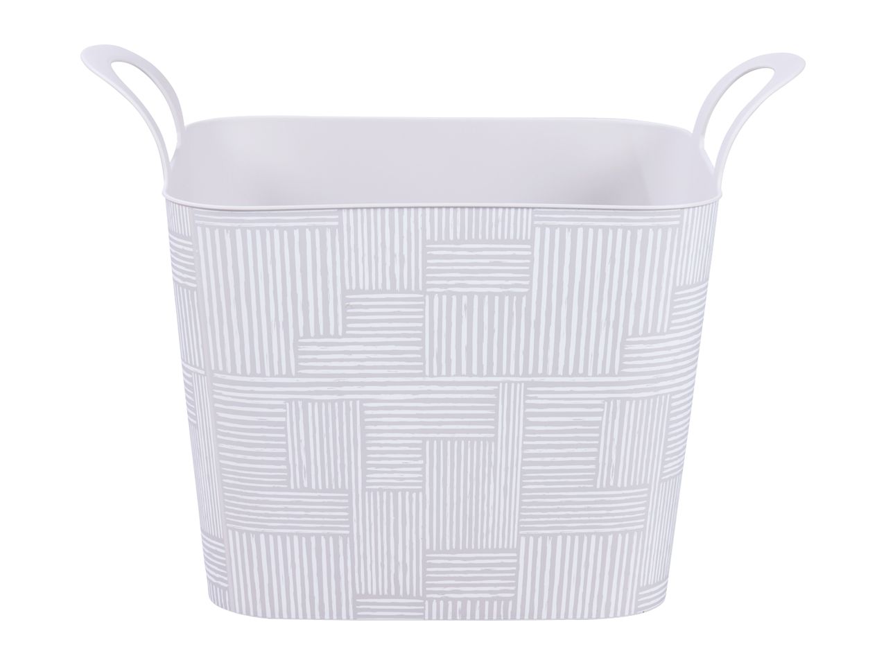 White plastic storage basket with handles and a grey geometric pattern