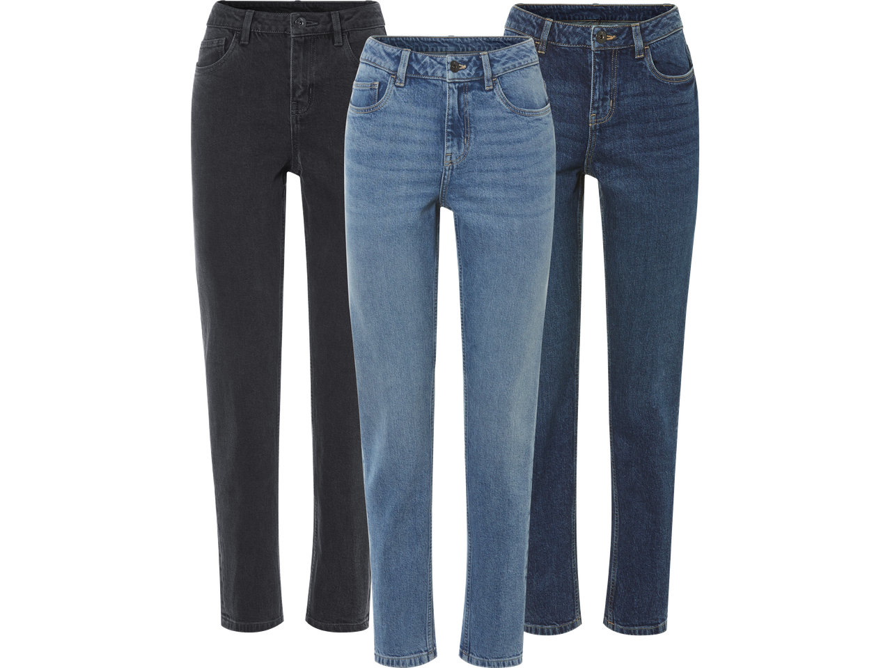Tre par jeans i olika tvättar: svart, ljusblå och mörkblå.