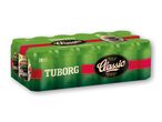 18 Tuborg Classic dåser i en grøn emballage.
