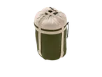 Olive green and beige sleeping bag in a compression sack