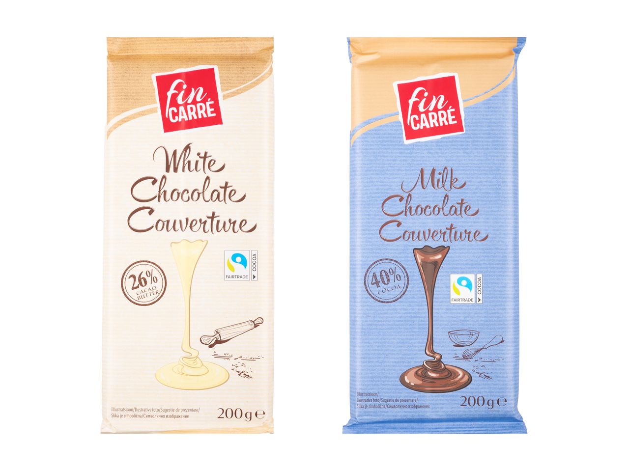 Fin Carré: ciocolată albă și cu lapte pentru cofetărie, 200g.