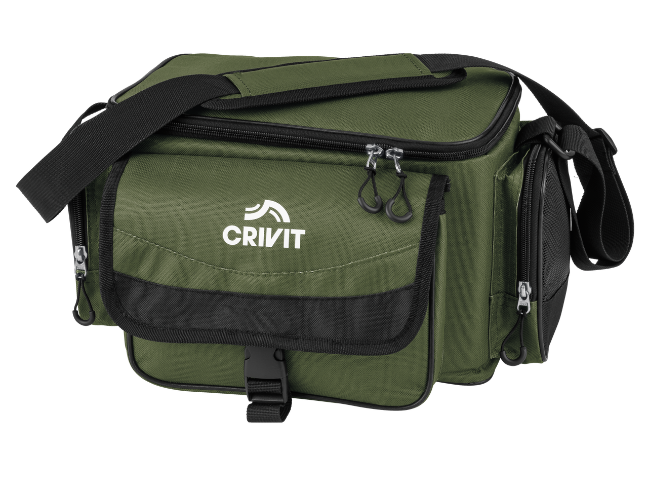 Geantă verde CRIVIT pentru accesorii de pescuit, cu fermoare și curea de umăr