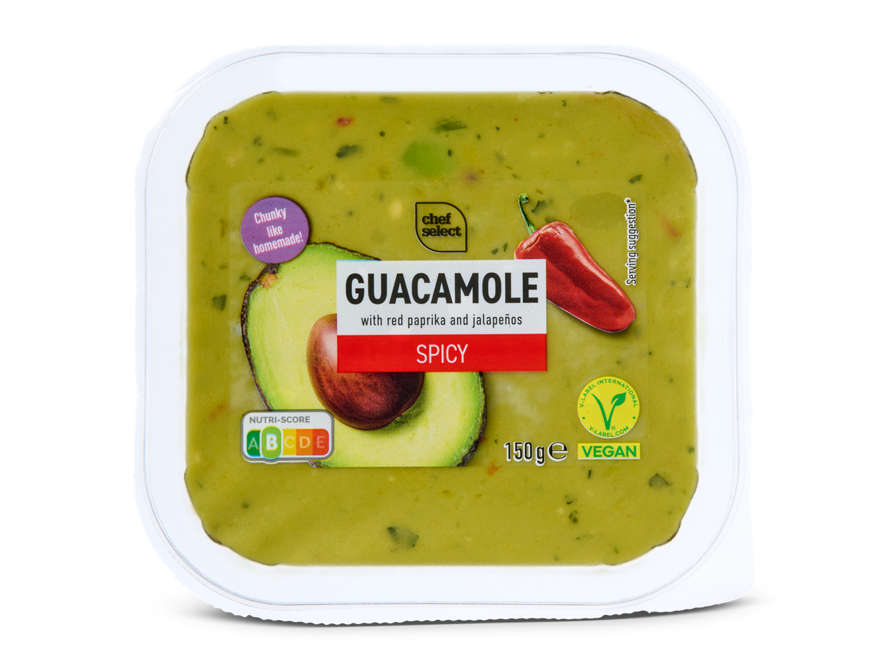 Chef Select pittige guacamole: vegan, 150g, met rode paprika en jalapeños.