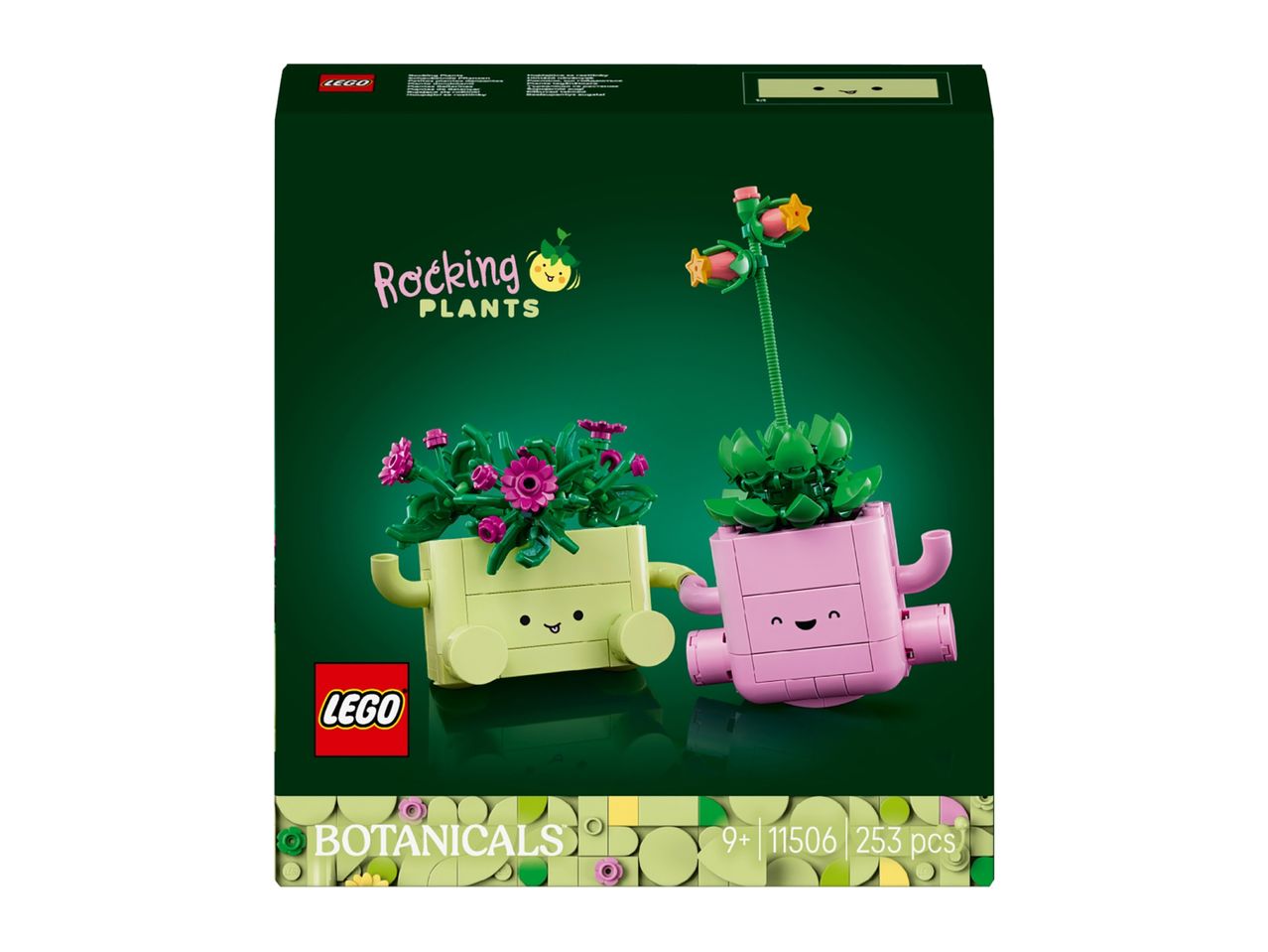 Green box with two rocking plant toys, one light green with pink flowers and one pink with green leaves.