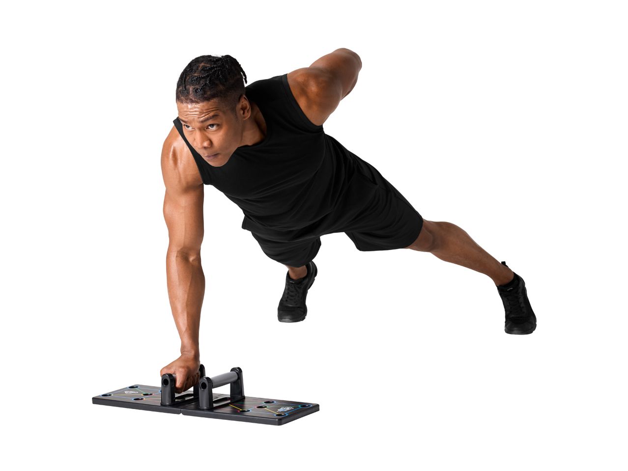 Man doing push-ups on a push-up board, exercising his chest and arms.