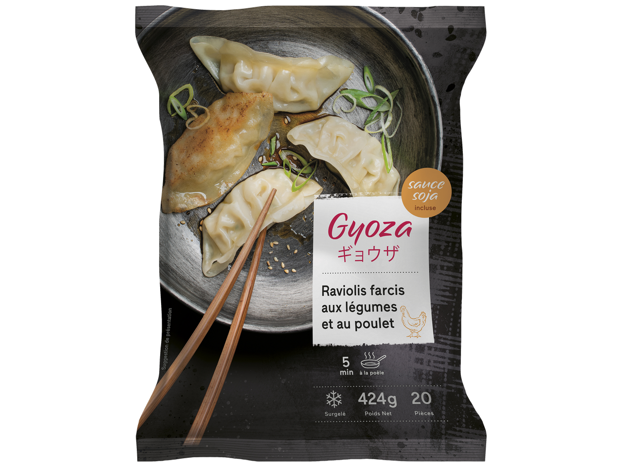 Gyoza surgelés aux légumes et au poulet avec sauce soja, 424g, 20 pièces, prêts en 5 min à la poêle.