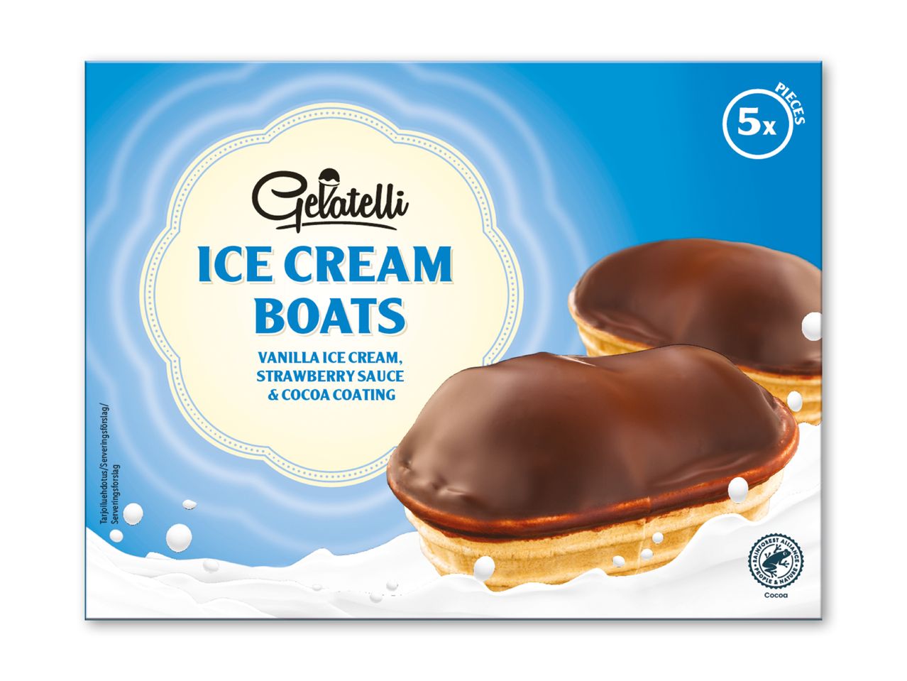 Gelatelli Ice Cream Boats med vaniljeis, jordbærsauce og kakaobelægning, 5 stk.