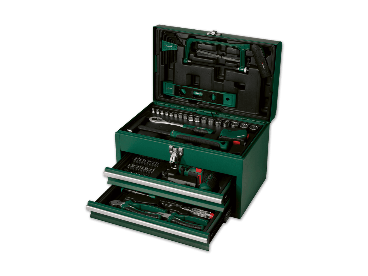 Grüner Werkzeugkasten mit zwei Schubladen, gefüllt mit verschiedenen Werkzeugen wie Säge, Schraubenschlüssel und Zangen.