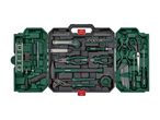 A green plastic toolbox overflowing with various hand tools and accessories.