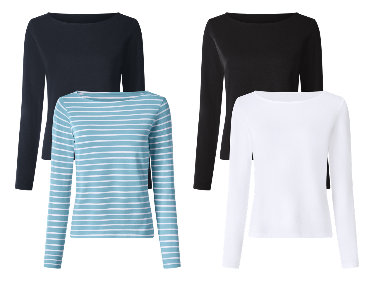 Štiri ženske majice z dolgimi rokavi: dve črni, ena bela in ena modra s črtami.