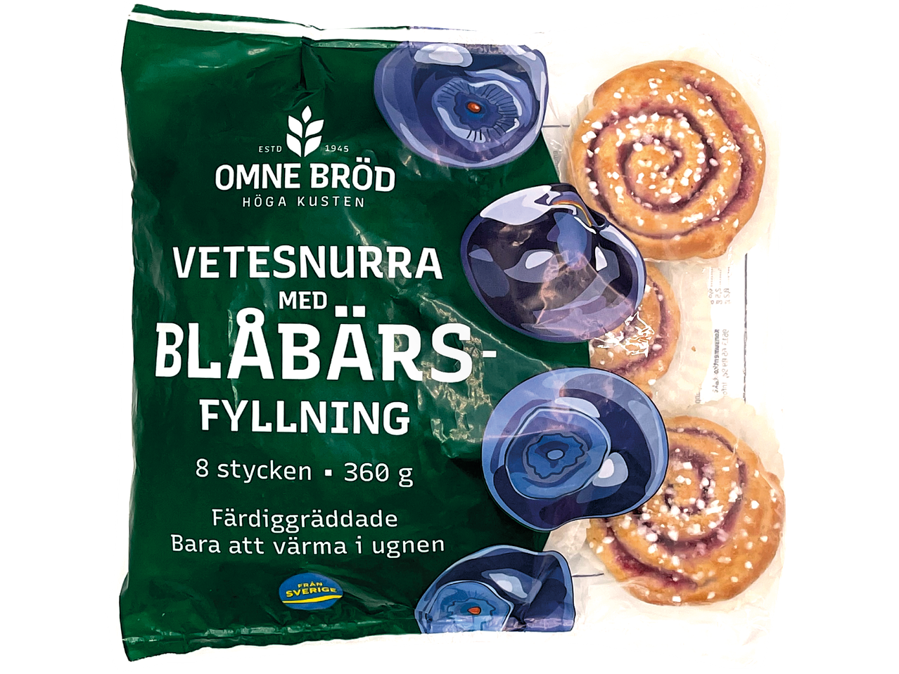Förpackning Omne Bröd vetebullar med blåbärsfyllning.