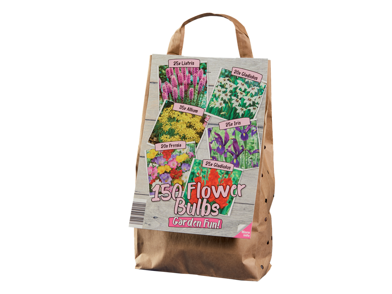 Brown paper bag with 150 flower bulbs, including Liatris, Allium, Freesia, Gladiolus, and Iris.