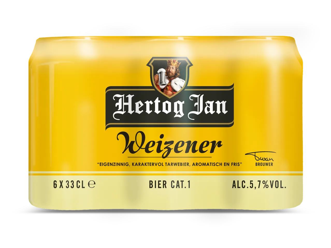 Zes blikjes tarwebier met een koning die een bierpul vasthoudt, 5,7% alcohol.