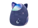 A dark blue Squishmallow cat plush with galaxy print ears and side, embroidered face, moon, and stars.