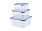 A stack of three square plastic food storage containers with gray lids.
