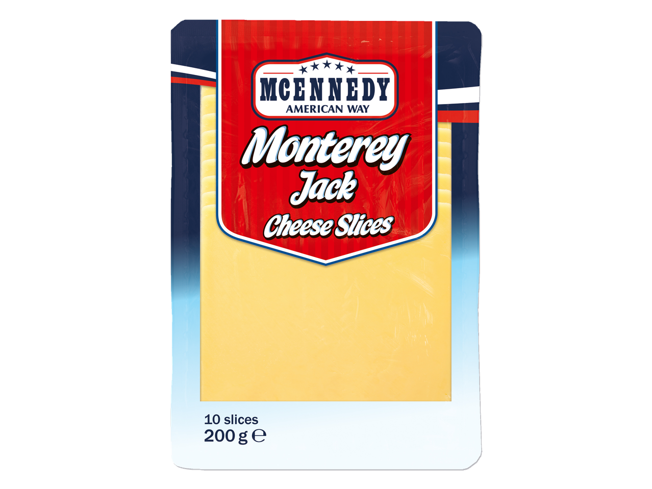 Pack of Monterey Jack cheese slices, 10 slices, 200g.