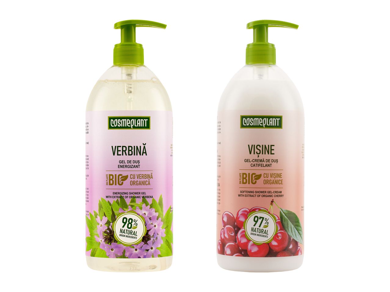 Două geluri de duș Cosmeplant, unul cu verbină și altul cu vișine.