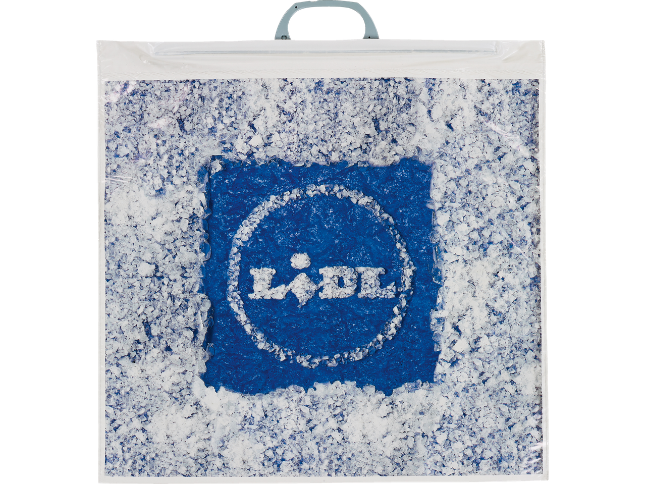 Sac de congélation de marque Lidl rempli de glace, avec le logo au centre.