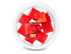 Verse watermeloenblokjes met Nutri-Score A en voedingswaarden per portie en per 100g.