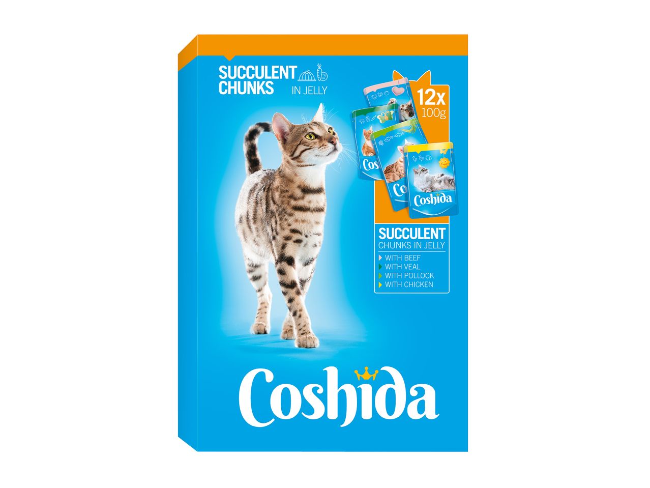 Συσκευασία Coshida για τροφή γάτας με κομμάτια σε ζελέ, με ποικιλία γεύσεων.