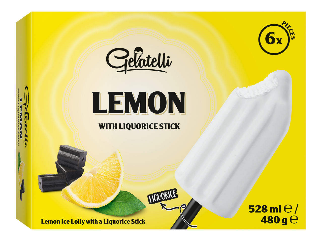 6 Gelatelli citroenen ijslolly's met dropstokjes.