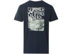 Un tricou bleumarin închis cu un imprimeu pe spate care spune 'Summer California Beach West Coast'.