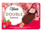 Gelatelli Double Raspberry: înghețată cu aromă de zmeură, glazură de cacao și ciocolată cu lapte.